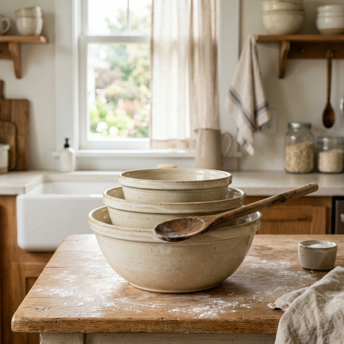 Stoneware Mixing Bowl Set — Nesting Trio in Cream
