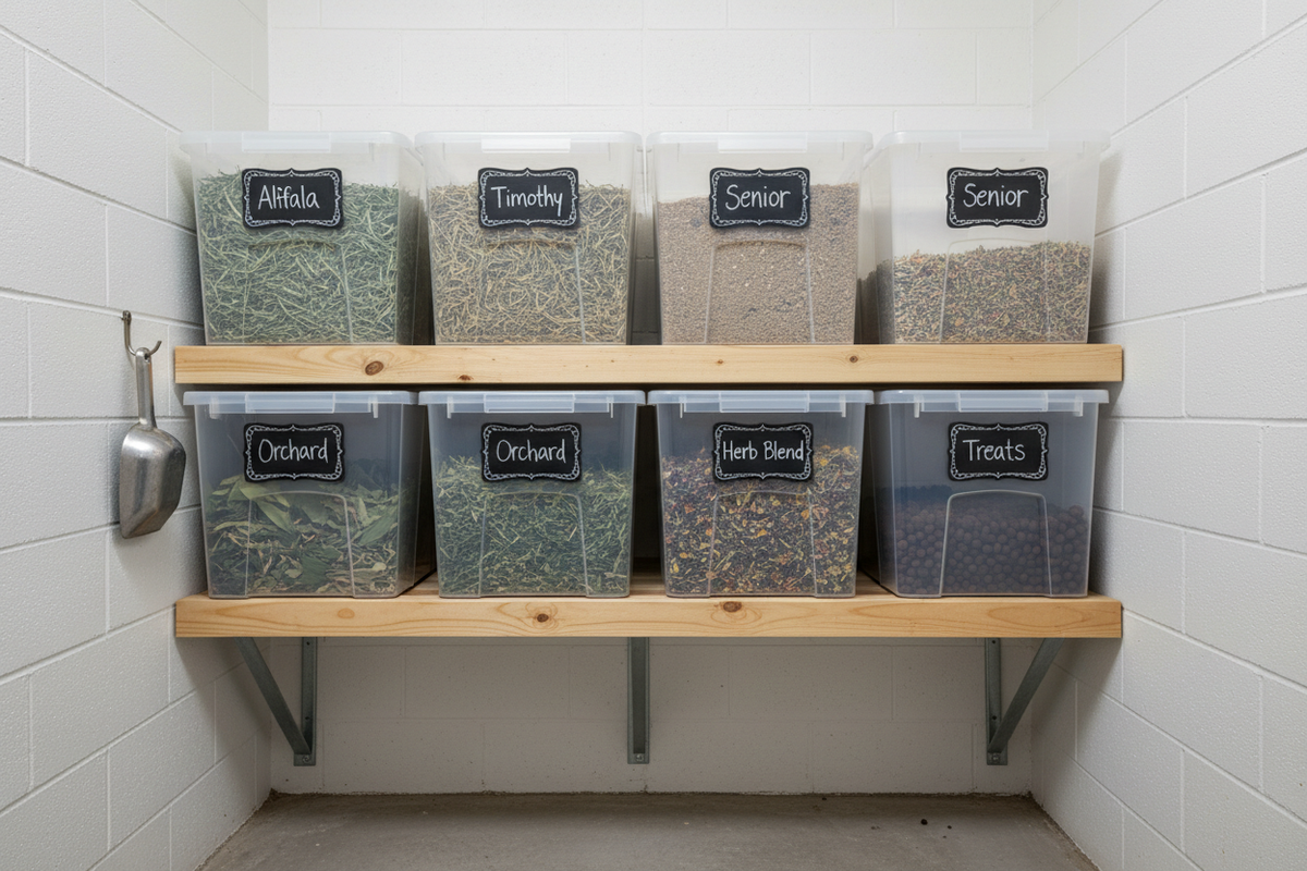 Ametza Feed Room Organization Kit — 6 Stackable Bins + Label Maker